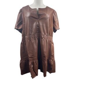 Nine.Eight Sz 4X Brown Soft Vegan Leather V-Neck Ruffle MidiDress Slimming